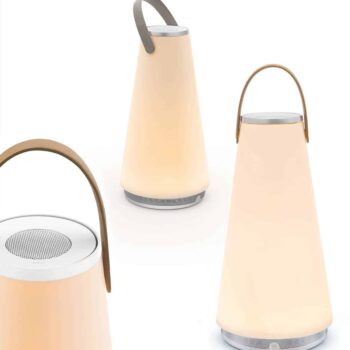Three Uma portable conical lamps with handles, featuring white and silver accents, displayed on a white background.