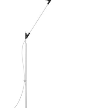 The Superlight Floor lamp features a minimalist design with a slim arm, circular top joint, and thin rod bulb on a round black base. A white power cable adds to its elegance, making it an ideal choice for spaces with lightweight flooring.