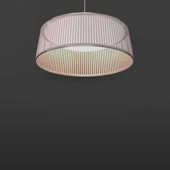 The Solis Drum is a modern hanging ceiling light featuring a cylindrical, ribbed shade set against a dark gray background.