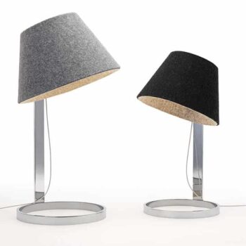 Two modern Lana Floor lamps with metal bases and tilted fabric shades, one gray and one black, positioned on a white surface.