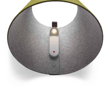The Lana Floor is a wall-mounted circular lamp with an olive green felt shade exterior and grey interior, featuring a central light and a small red accent button on a vertical white panel.