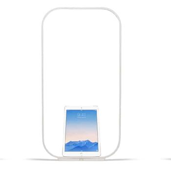 Three minimalist frames: the left one holds a vase with white flowers, the center showcases a tablet, and the right frame, Contour Floor, gracefully displays a small stack of books.