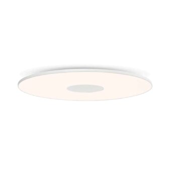 The Circa Flush is a round and flat LED ceiling light featuring a white glowing surface, perfect for illuminating modern interiors.