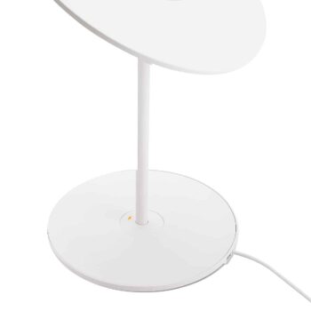 The Circa Floor is a modern white desk lamp with a circular base and disc-shaped head, featuring a vertical support rod and a power cable extending from the base.