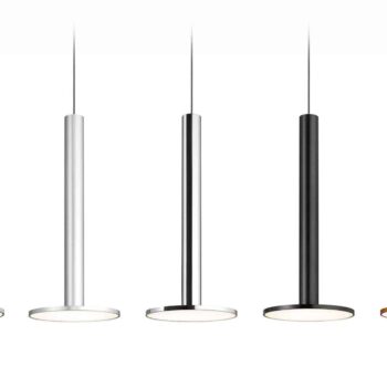 A row of five minimalist Cielo XL pendant lights in white, silver, black, and gold finishes hangs against a white background.