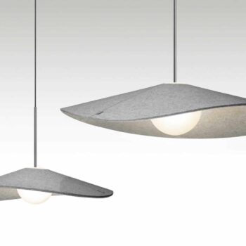 Two Bola Felt pendant lights with gray cone-shaped shades and visible round bulbs are suspended from the ceiling against a neutral background.