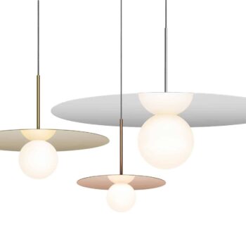 Three Bola Disc pendant lights with oval-shaped shades and diffusers hang from cables.