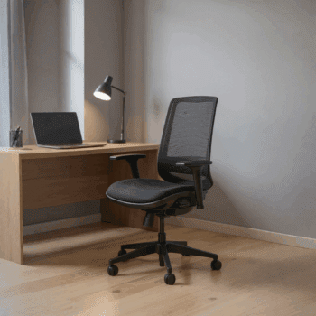 The C19 Chair, a black ergonomic office chair, is placed in front of a wooden desk with a laptop, lamp, and pen holder in a minimalist home office.