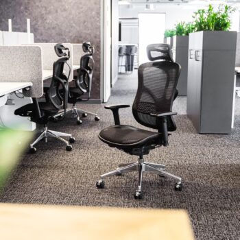 A modern office featuring empty black F94 Chairs, gray desks with privacy screens, green plants in partition planters, bright lighting, and neutral decor.
