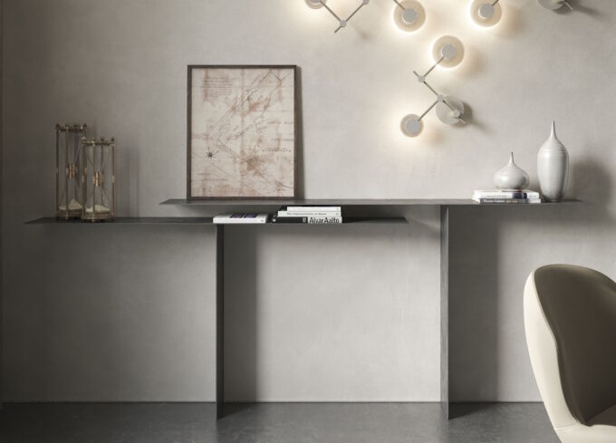 tee console table with minimal lines and industrial design in a modern open-plan living space