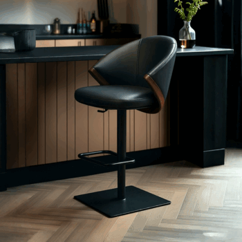 Close-up of Bow Barstool curved plywood back, designer bar stool Guernsey