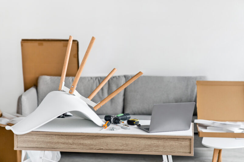The effects of fast furniture. A broken chair damaged from cheap quality, a man fixing a broken cheap chair, and a landfill filled with discarded fast furniture waste.