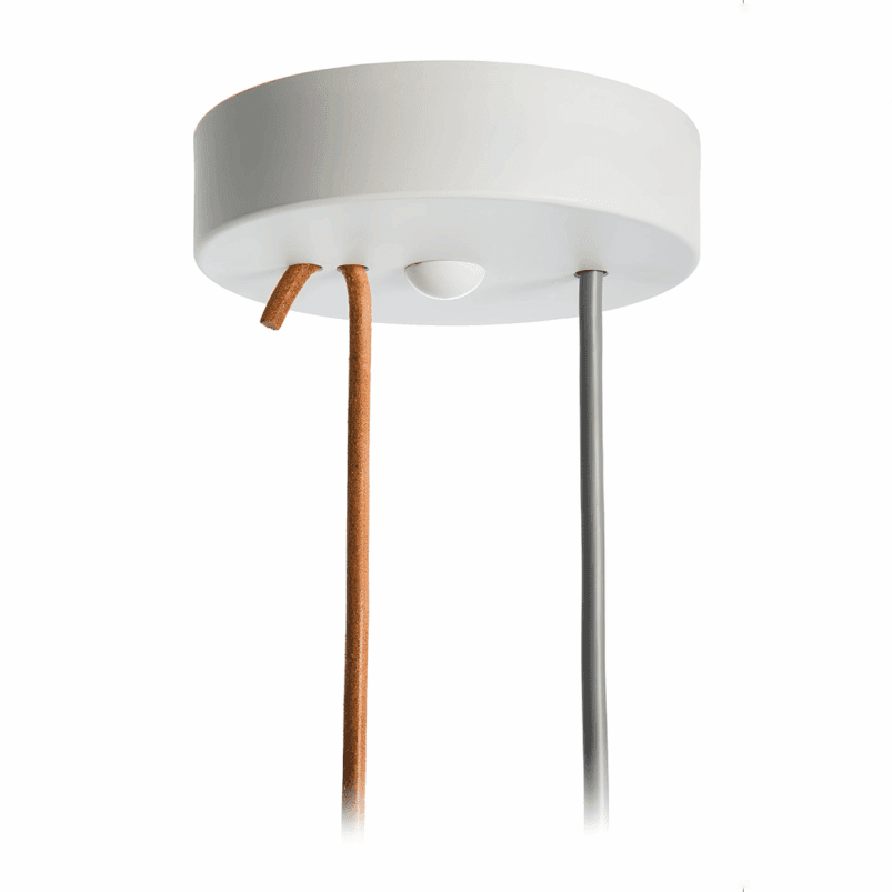 Close-up of a round white ceiling canopy with two different hanging cords, one brown and one gray, designed to enhance autumn lighting against a plain white background.