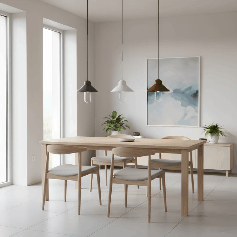 A modern dining room with a light wooden table, four chairs, lighting for autumn from three pendant lights, two potted plants, and a large abstract painting creates an inviting ambience.