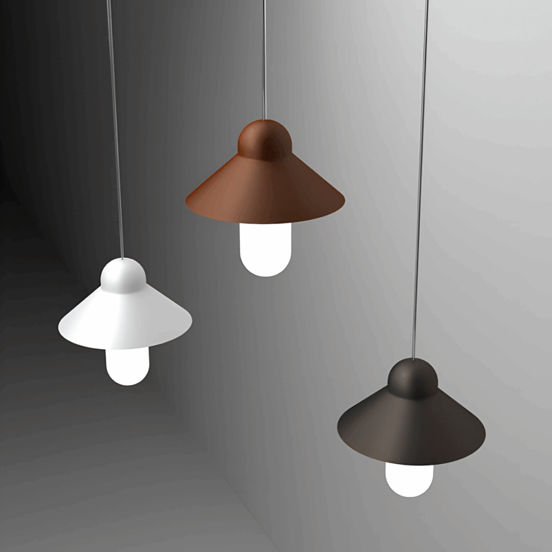 Three pendant lights with dome-shaped shades in white, brown, and black hang from the ceiling against a gray background, creating stylish lighting that adds a warm ambience to any space.