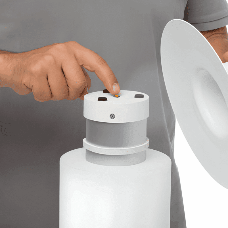 A person presses a button on top of a cylindrical white device, holding a detached circular lid, as gentle Autumn lighting adds warmth and ambience to the scene.