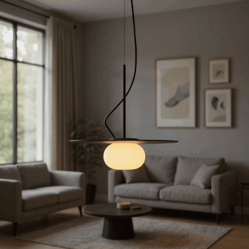 A modern living room with a glowing pendant light enhances the ambience, featuring two gray sofas, a round coffee table, wall art, and a large window with beige curtains—perfect for creating warmth this autumn.
