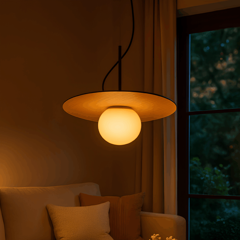 A modern pendant light with a round shade glows warmly above a cream-colored sofa with cushions, creating cosy ambience and perfect lighting for autumn evenings by the window, where trees are silhouetted at dusk.