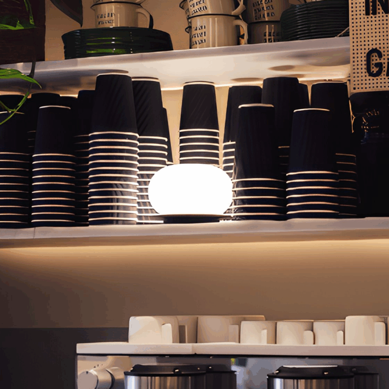 A bright round lamp adds warmth and ambience on a shelf among stacks of black cups with white stripes, creating cozy lighting for autumn in a kitchen or café setting.