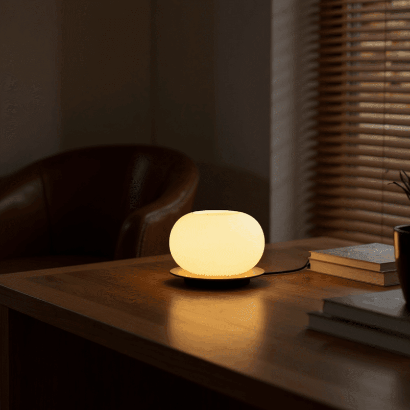 A round, glowing lamp radiates warmth on a wooden desk beside a stack of books, creating cosy ambience in the dimly lit room with a leather chair and window blinds in the background.
