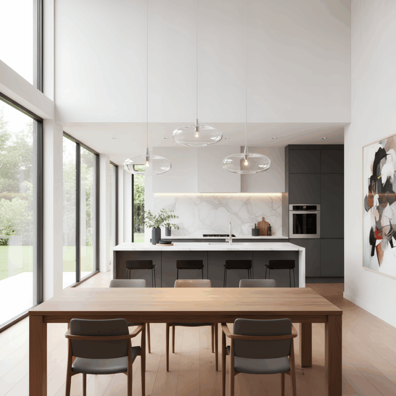 Modern kitchen and dining area with large windows, a wooden table with six chairs, an island with bar stools, pendant lights for cosy autumn lighting, and minimalist decor that enhances the ambience.
