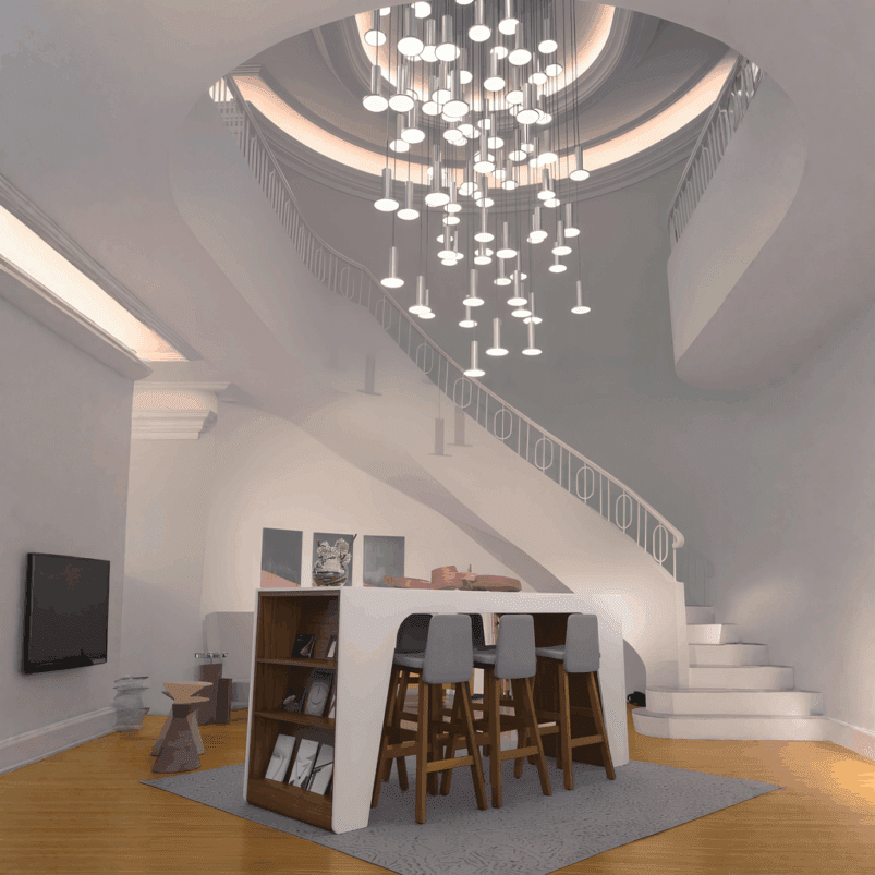 A modern dining area with a tall white table, four chairs, built-in shelves, spiral staircase, and a large cluster of pendant lights that creates inviting autumn lighting and enhances the ambience.