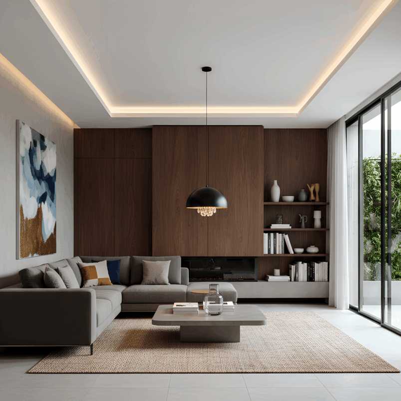 Modern living room with a gray sectional sofa, low coffee table, wood-paneled wall, shelves, abstract art, pendant light, and large windows overlooking greenery—designed for cosy ambience and warmth perfect for autumn.