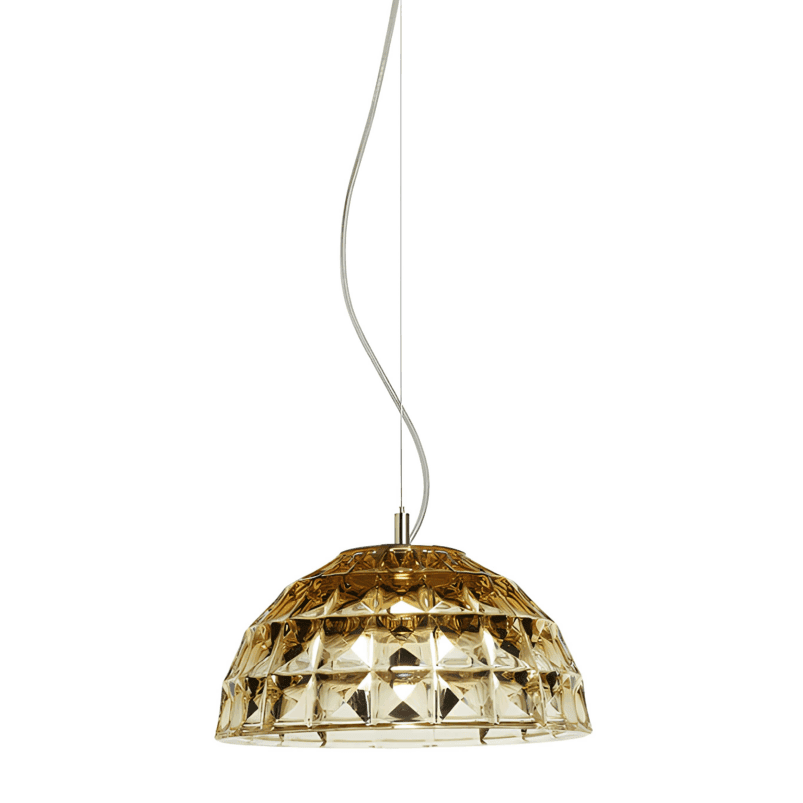 A gold-colored, dome-shaped pendant light with a faceted surface radiates warmth and ambience, suspended by a thin, curved wire against a white background—perfect for cozy Autumn lighting.