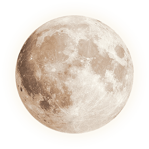 A detailed, sepia-toned photograph of the full moon showing visible craters and surface textures against a plain white background.