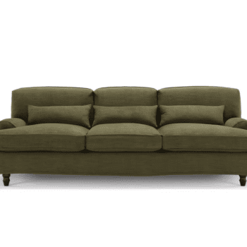 The Oxford Sofa is a green three-seater with three back and seat cushions, two small matching accent pillows, and wooden legs, set against a plain white background.