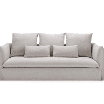 The Dylan Sofa is a beige couch featuring three large back cushions and two smaller rectangular cushions, shown against a white background.