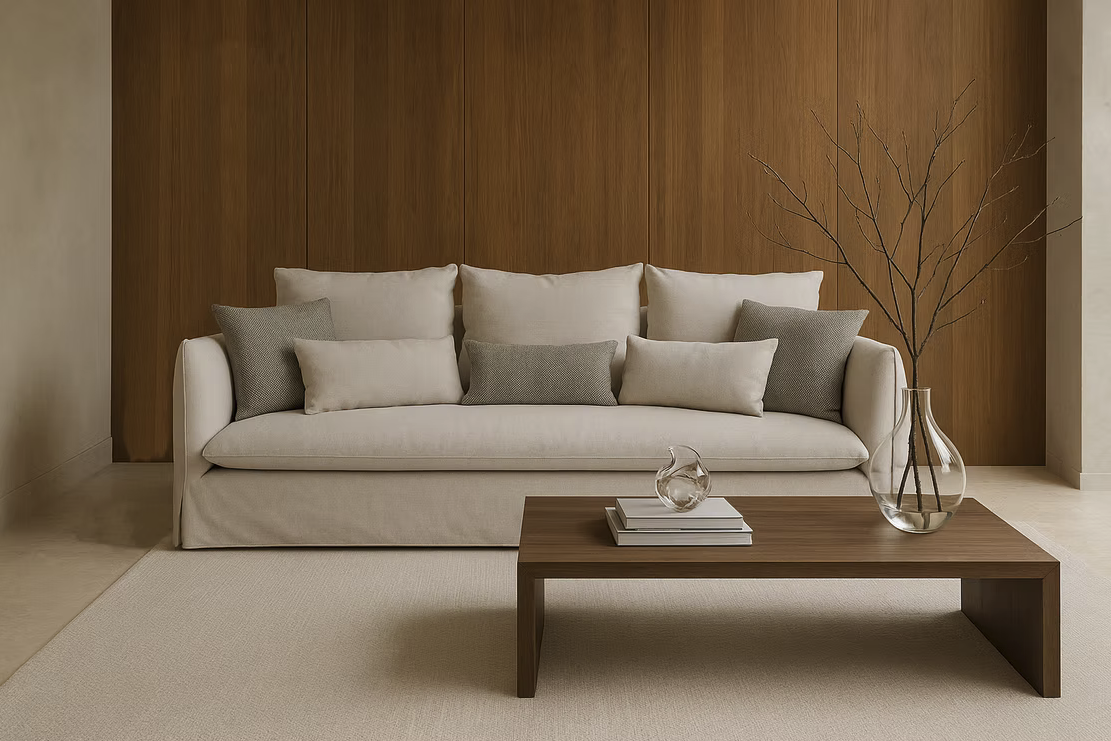A modern living room featuring the Dylan Sofa in beige with six cushions, a wooden coffee table displaying books, a glass sculpture, and a vase of bare branches, all set before a wood-paneled wall.