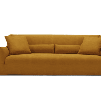 The Ralph Sofa features mustard yellow upholstery, two seat cushions, two back cushions, and two square throw pillows, set against a white background.