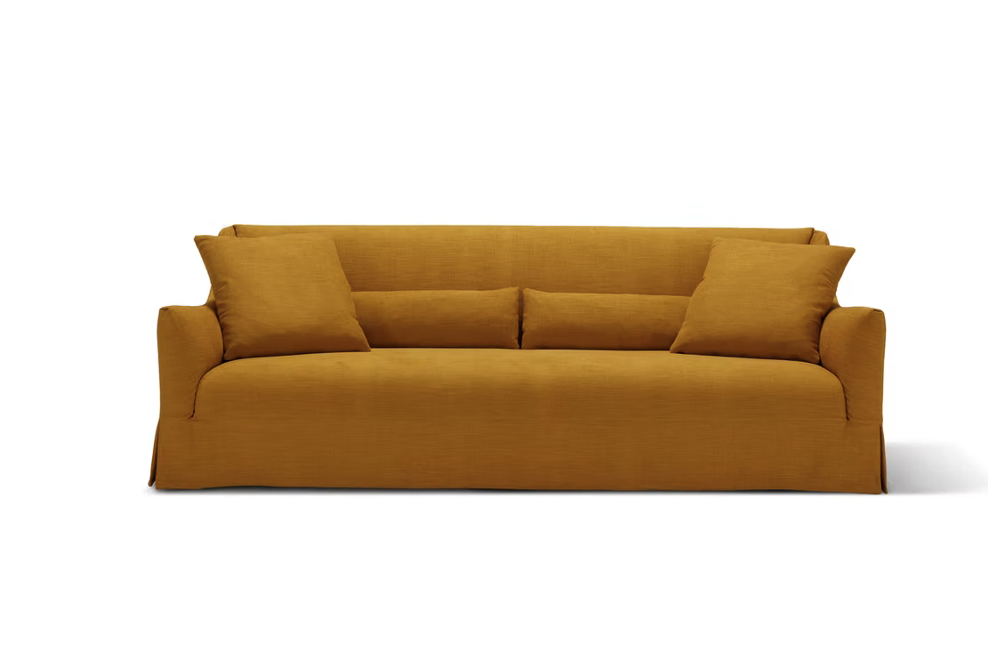 The Ralph Sofa features mustard yellow upholstery, two seat cushions, two back cushions, and two square throw pillows, set against a white background.