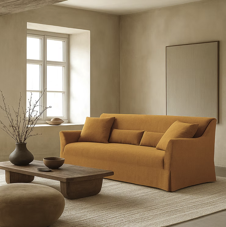 A minimalist living room featuring the Ralph Sofa in mustard, a wooden coffee table, round ottoman, neutral rug, and a large window filling the space with natural light.