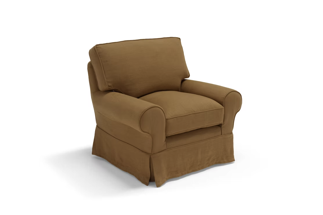 A brown upholstered armchair with rolled arms, a cushioned seat, and a tailored skirt complements the Pantelleria Sofa, both shown against a white background.