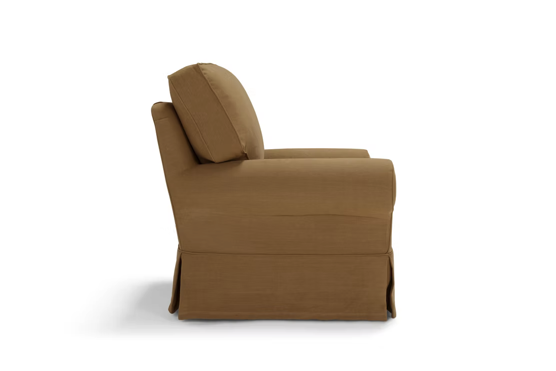 A side view of a brown upholstered armless chair with a cushioned seat and backrest, featuring a skirted base—perfect as an accent to your Pantelleria Sofa.