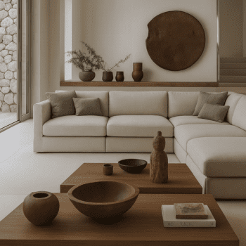 A minimalist living room features the John John Sofa in beige, wooden coffee tables with ceramic and wooden decor, neutral cushions, wall art, and is illuminated by soft natural light.