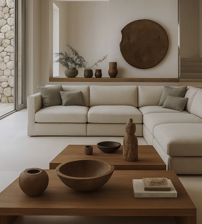 A minimalist living room features the John John Sofa in beige, wooden coffee tables with ceramic and wooden decor, neutral cushions, wall art, and is illuminated by soft natural light.