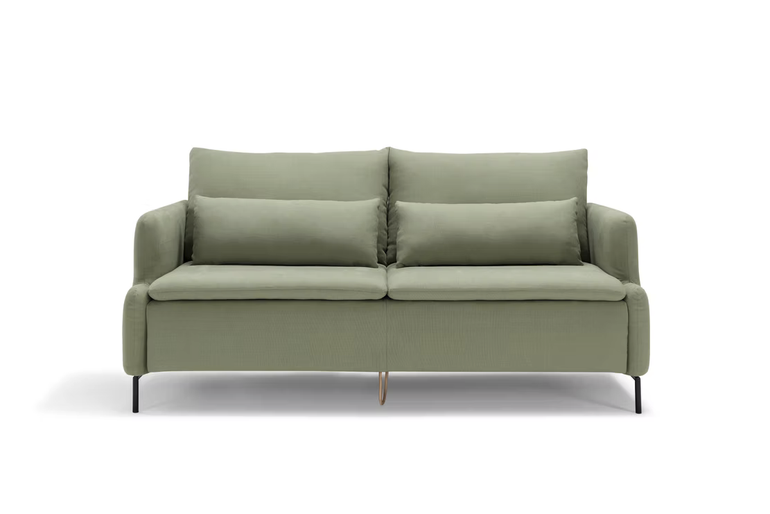 The Tower Sofa-bed is a light green upholstered convertible sofa with two back cushions and two side pillows, shown from the front against a white background.