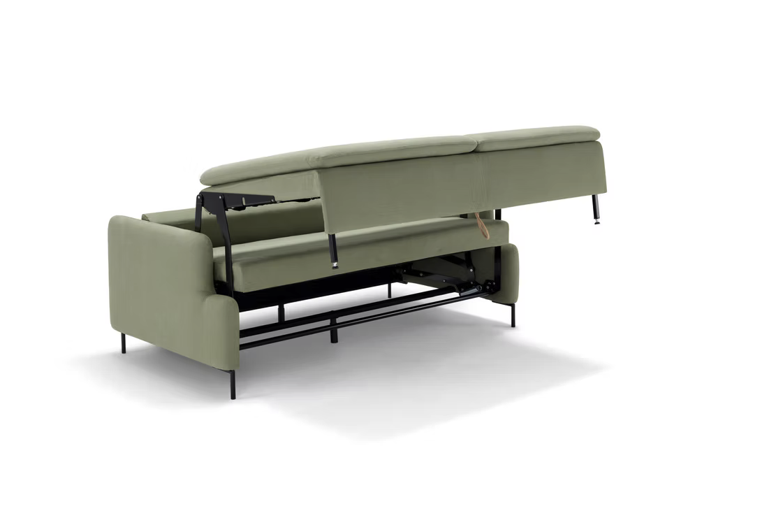 The Tower Sofa-bed in light green is shown partially unfolded, revealing its metal frame and convertible mechanism, all set against a white background.