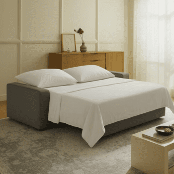 A modern living room features the Twin Sofa-bed in gray, extended with white bedding, set beside a wooden dresser and coffee table atop a light patterned rug.