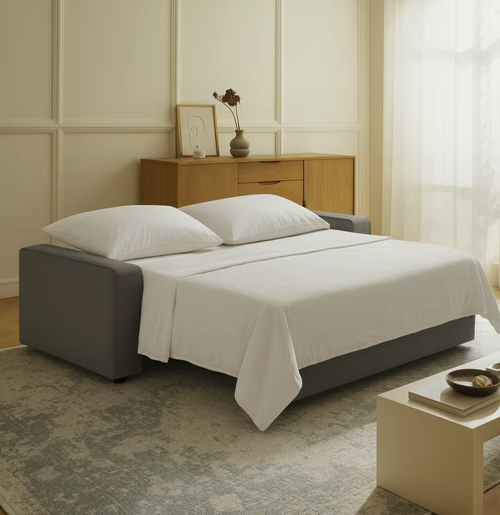A modern living room features the Twin Sofa-bed in gray, extended with white bedding, set beside a wooden dresser and coffee table atop a light patterned rug.