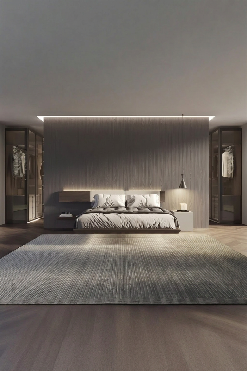 Minimalist finished bedroom with a large bed, soft grey bedding, wall-mounted bedside tables, pendant light, and a textured area rug on wooden floor—perfect inspiration to furnish a bedroom with elegant décor.