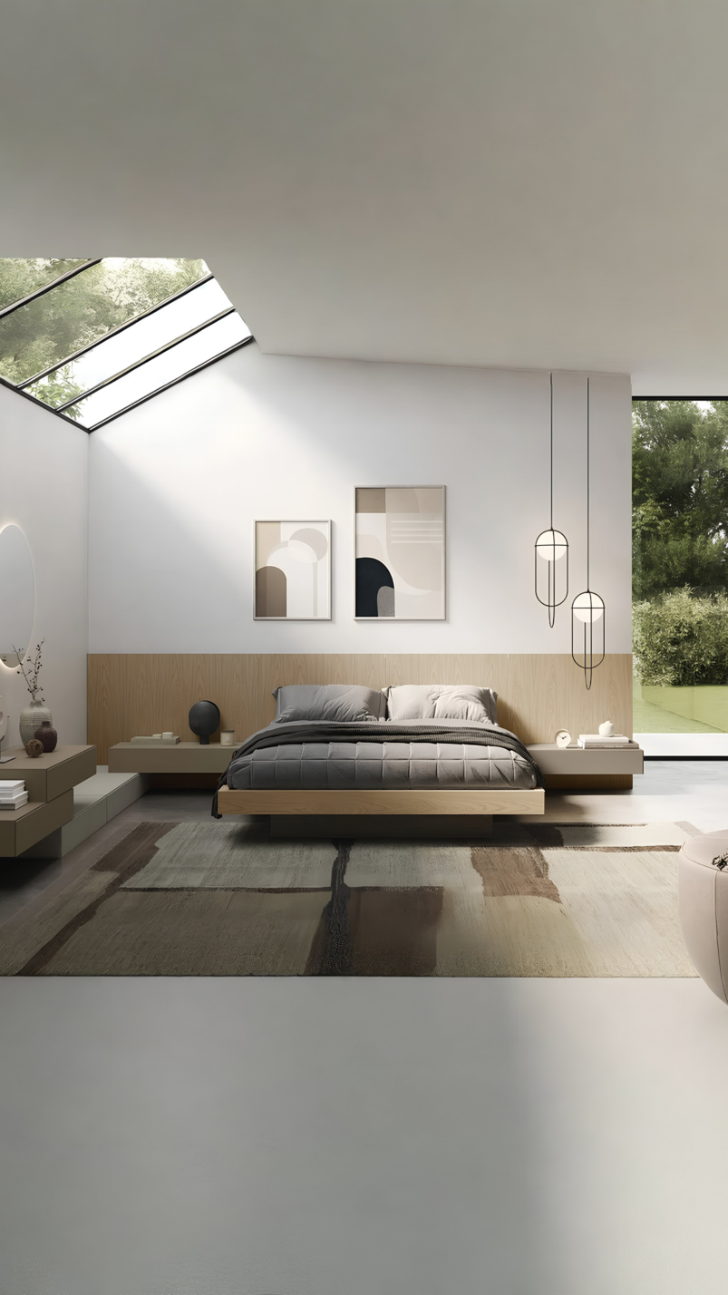 Minimalist bedroom decor with a large bed, modern pendant lights, abstract wall art, and a skylight window letting in natural light. Neutral tones and clean lines furnish a bedroom that feels serene and effortlessly stylish.
