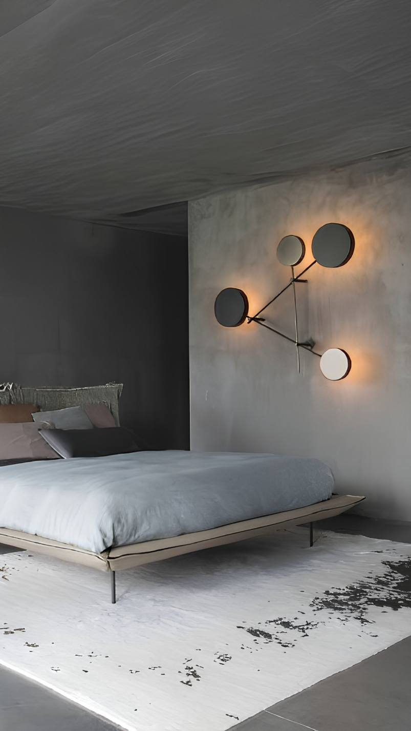 Minimalist bedroom decor featuring a low platform bed, light bedding, decorative cushions, a white rug, and a modern geometric wall light fitting on a grey textured wall—an inspiring way to furnish a bedroom.