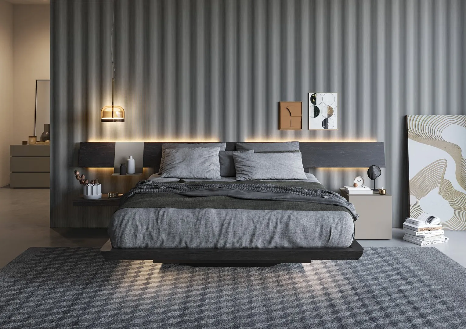 Modern bedroom with a floating bed, grey bedding, geometric rug, wall-mounted bedside tables, and minimalist décor on a grey wall—an inspiring way to furnish a bedroom with style and simplicity.